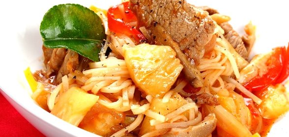 Кисло-сладкая телятина с грибами вешенками, перцем и ананасами