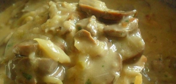 Говяжьи почки в сметанно-луковом соусе с солеными огурцами