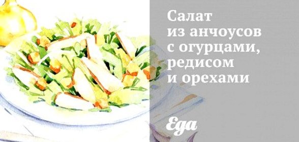 Салат из анчоусов с огурцами, редисом и орехами