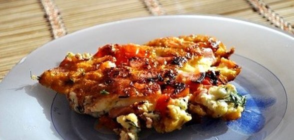 Яичница с колбасой, помидорами и сыром