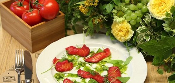 Форель Для мясоеда, маринованная в бруснике и свёкле, с щавелем