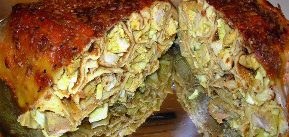 Курица фаршированная блинами