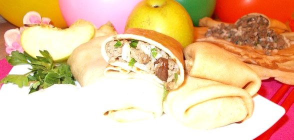 Блинчики с мясом белыми грибами и рисом