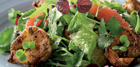 Салат из креветок с апельсином, грейпфрутом и зирой