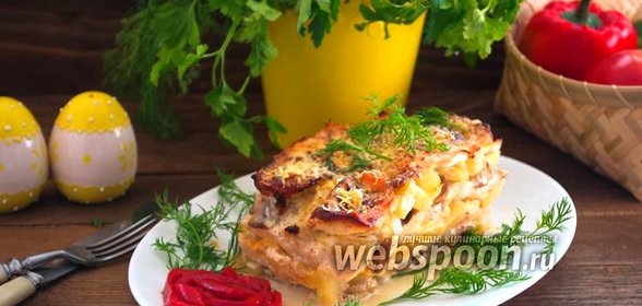 Мясной торт с ананасами и грибами