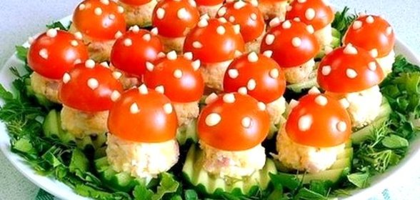 Овощная закуска с ветчиной и яйцами «Мухомор»