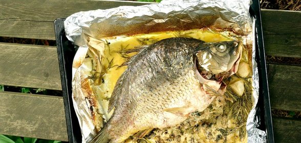 Карп с грибами, тархуном и соусом из розмарина