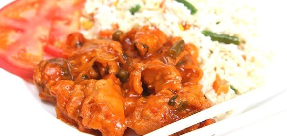 Сладкие куриные грудки во фритюре с зеленым луком, рисовым вином и цедрой апельсина
