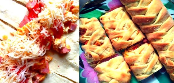 Слоеная косичка с колбасой, помидорами и сыром