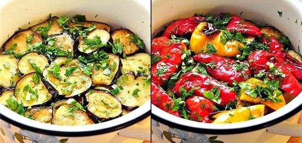 Закуска из маринованных баклажанов и перцев гриль