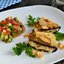Баклажаны с брынзой, курицей и овощной сальсой