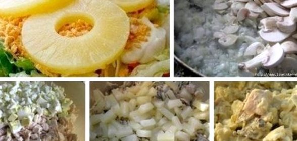 Салат из курицы с ананасами, грибами и сыром