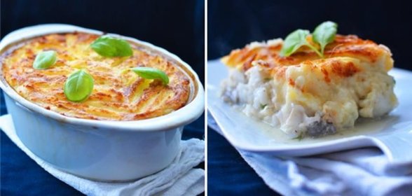 Запеканка из рыбы под молочным соусом и картофельной шубой