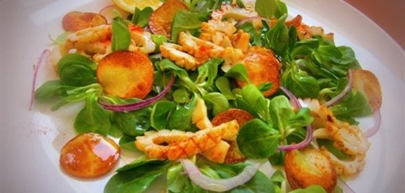 Салат с кальмарами и картофельными чипсами с медово-лимонной заправкой