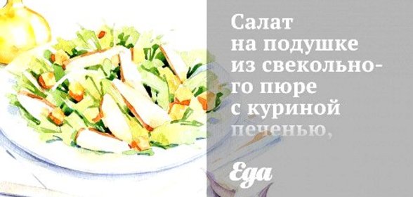 Салат на подушке из свекольного пюре с куриной печенью, пармезановыми чипсами и бальзамическим желе