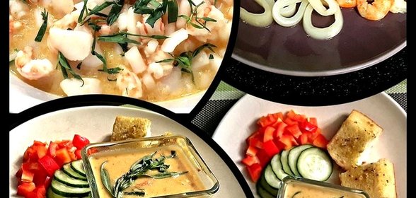 Морепродукты в сырно-сливочном соусе с чесночными гренками