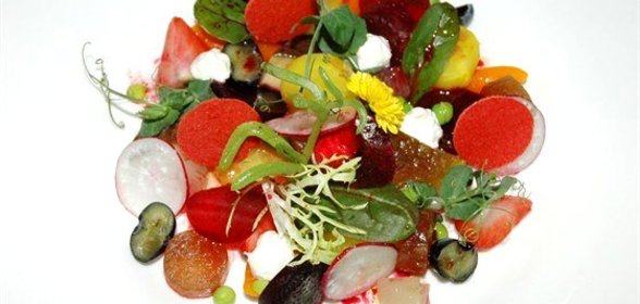 Винегрет с чипсами из томатов и ежевики